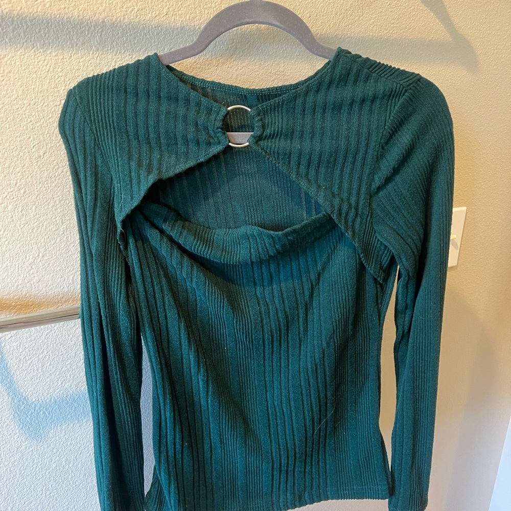 Green Ribbed Long Sleeve Top
